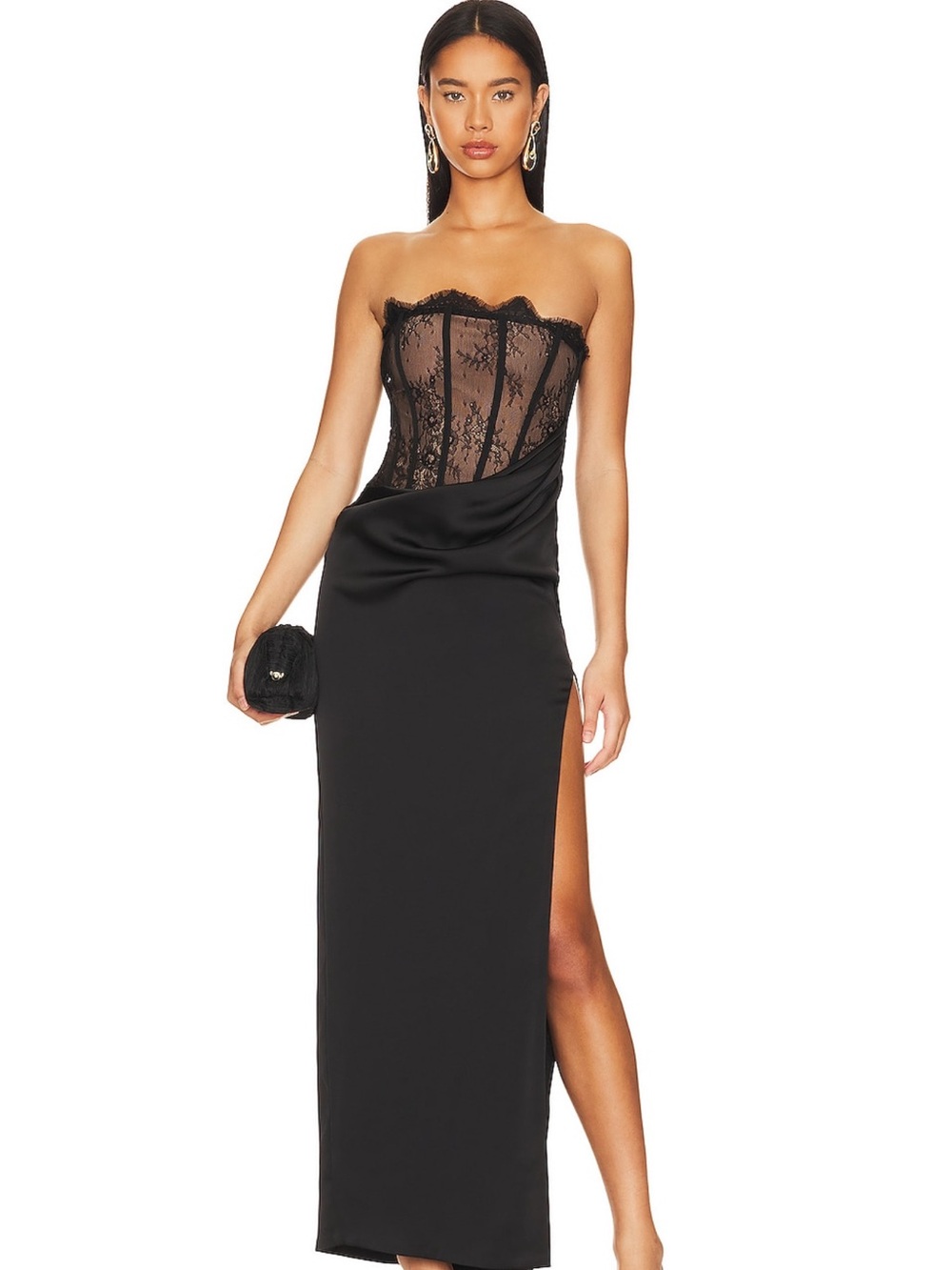 NBD Nalani dress. Strapless Black Lace Corset Evening Dress